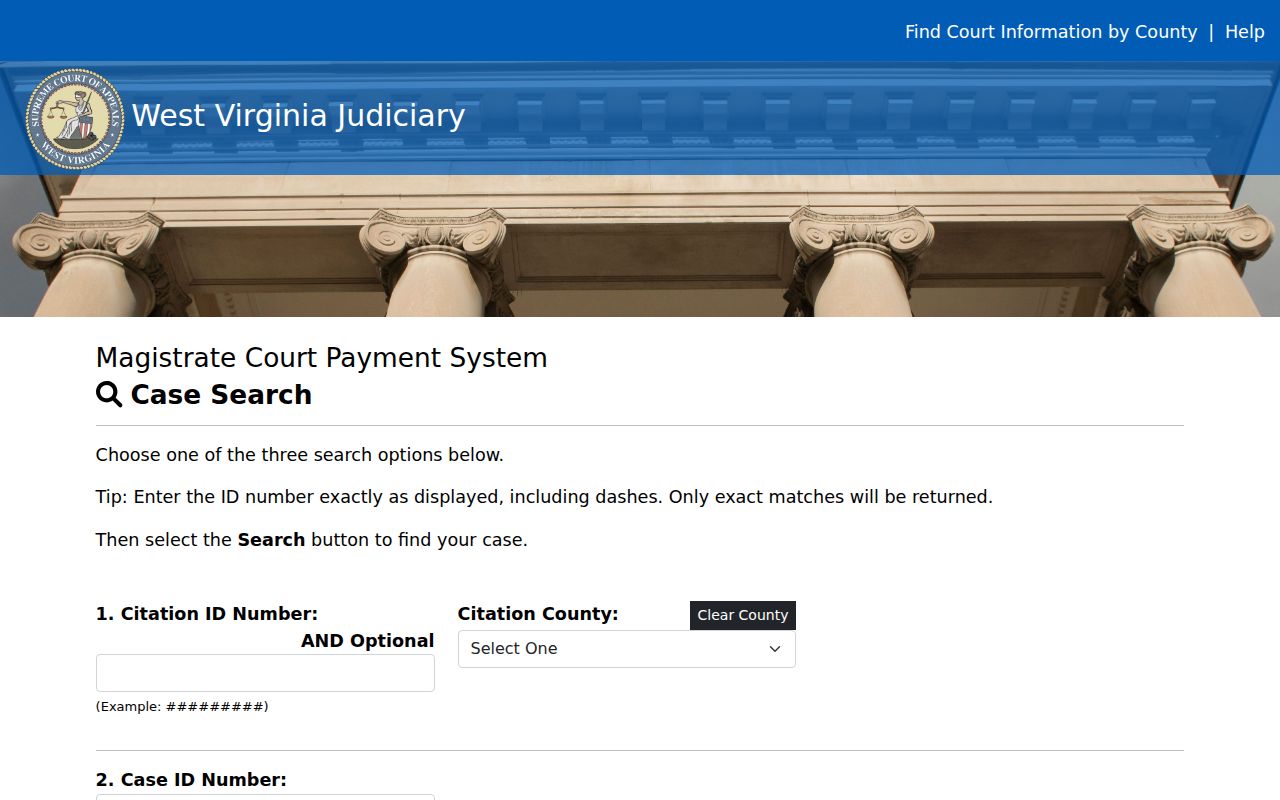 Pocahontas County traffic ticket payment search identifier choices